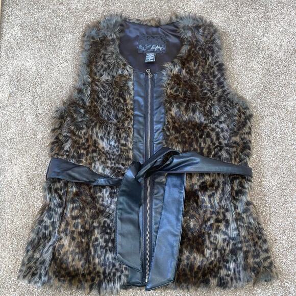 Daytrip vest faux fur full zip belted cheetah leopard animal print jacket SZ SM - Picture 8 of 10
